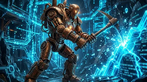 Bronze automaton golem mining through neon blue data streams