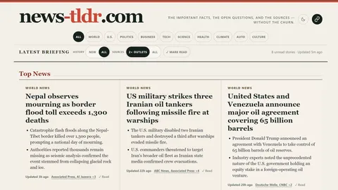 Homepage screenshot of news-tldr.com showing editorial news summaries and category filters