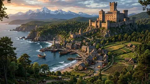 Near-photorealistic 4K view of a seaside village with a castle on a nearby hill, farmland, forests, and distant mountains. High fantasy open-world action RPG setting.